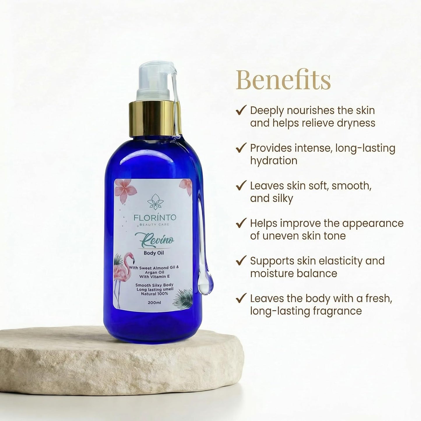 FLORÍNTO Body Oil – Hydrating & Nourishing Formula with Natural Oils & Vitamin E – Deep Moisture for Smooth & Glowing Skin – Fast Absorbing & Non-Greasy Formula – 200 ml (Riveno)