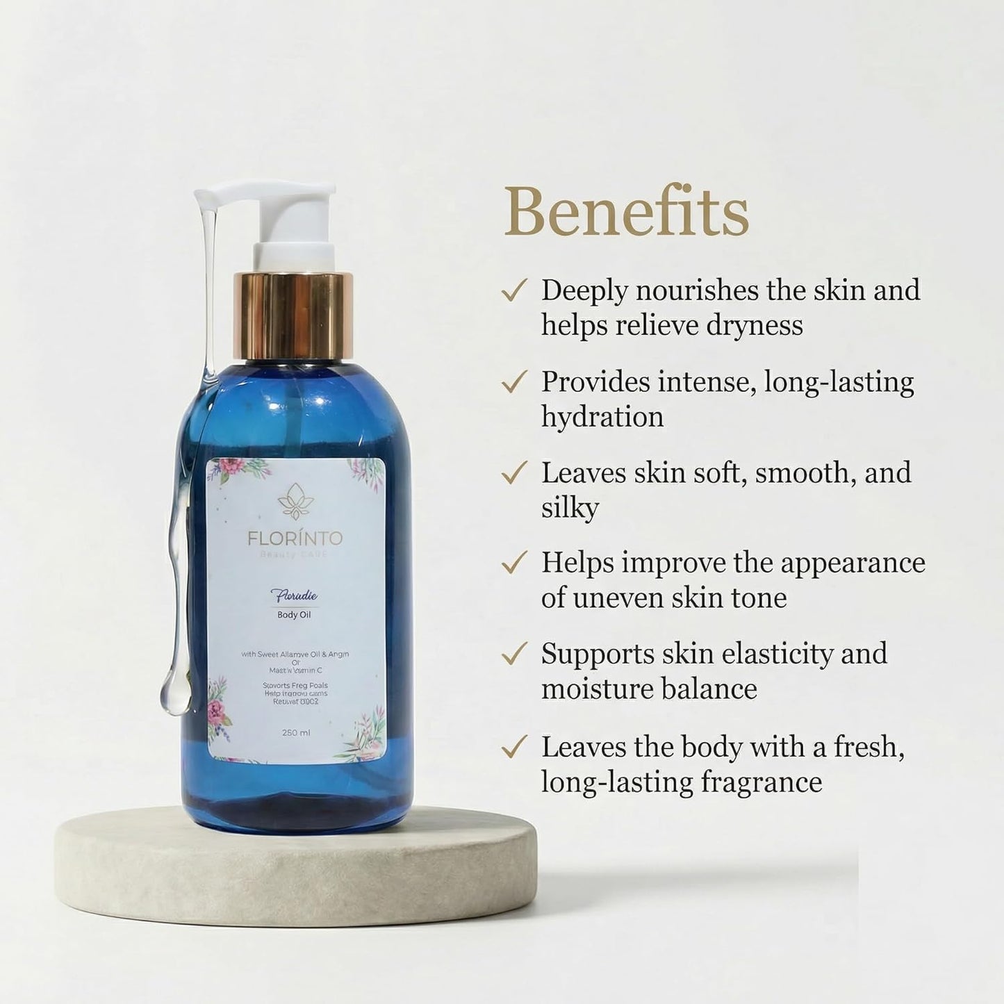 FLORÍNTO Body Oil – Hydrating & Nourishing Formula with Natural Oils & Vitamin E – Deep Moisture for Smooth & Glowing Skin – Fast Absorbing & Non-Greasy Formula – 200 ml (Paradise)