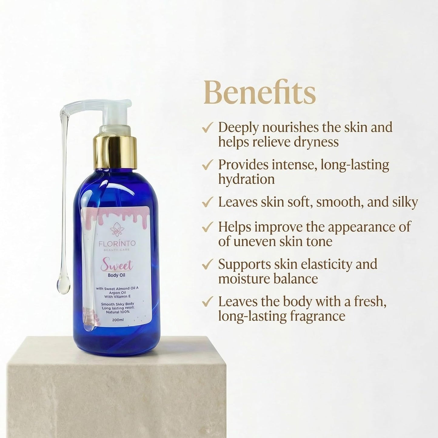 FLORÍNTO Body Oil – Hydrating & Nourishing Formula with Natural Oils & Vitamin E – Deep Moisture for Smooth & Glowing Skin – Fast Absorbing & Non-Greasy Formula – 200 ml (Sweet)