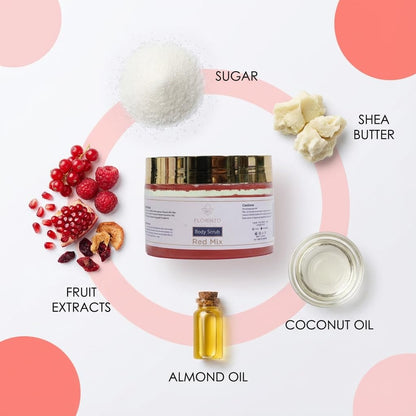 FLORÍNTO Body Scrub – Exfoliating & Moisturizing Sugar Scrub with Shea Butter, Natural Oils & Vitamin E – Soft, Smooth & Glowing Skin – 350 g (Red Mix)