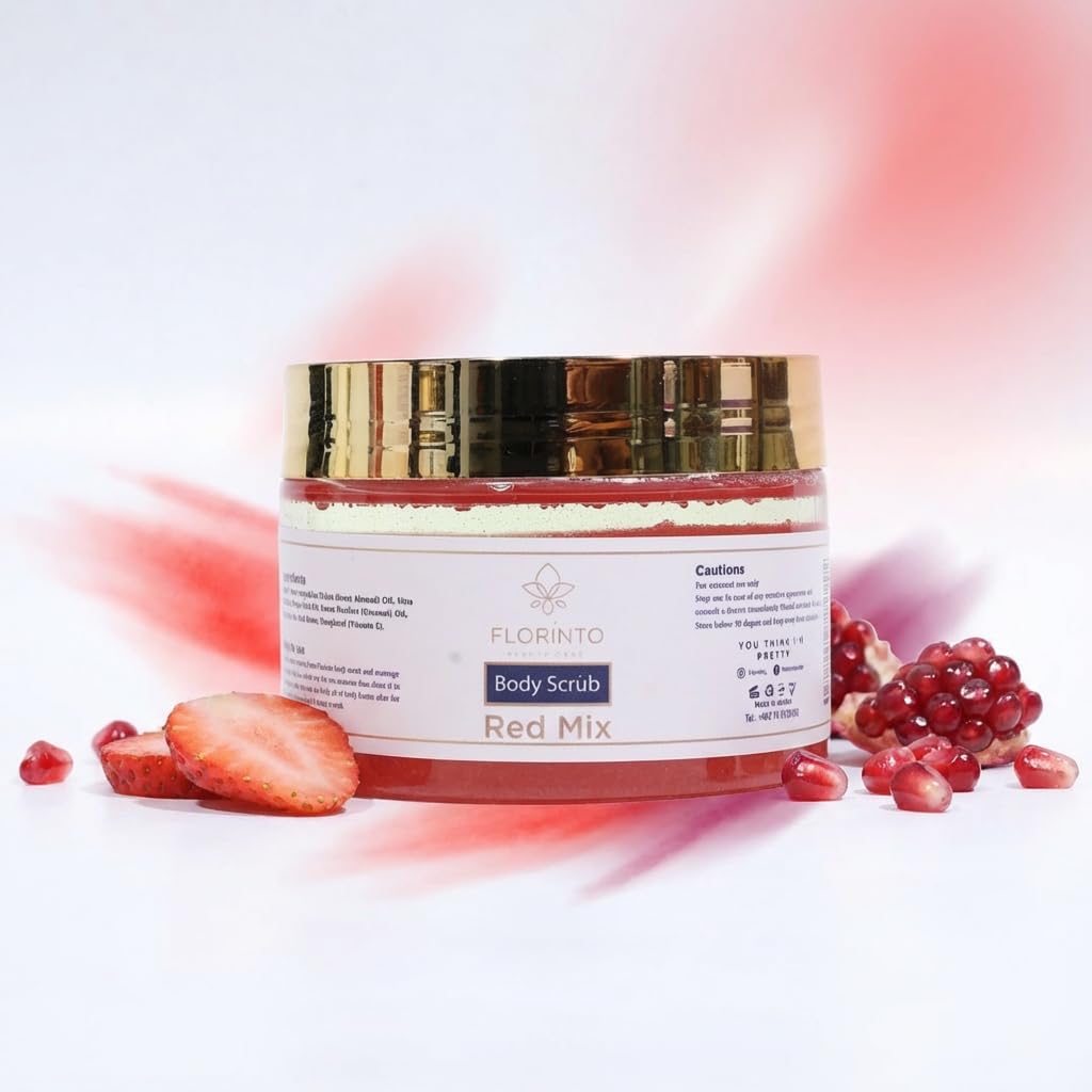 FLORÍNTO Body Scrub – Exfoliating & Moisturizing Sugar Scrub with Shea Butter, Natural Oils & Vitamin E – Soft, Smooth & Glowing Skin – 350 g (Red Mix)