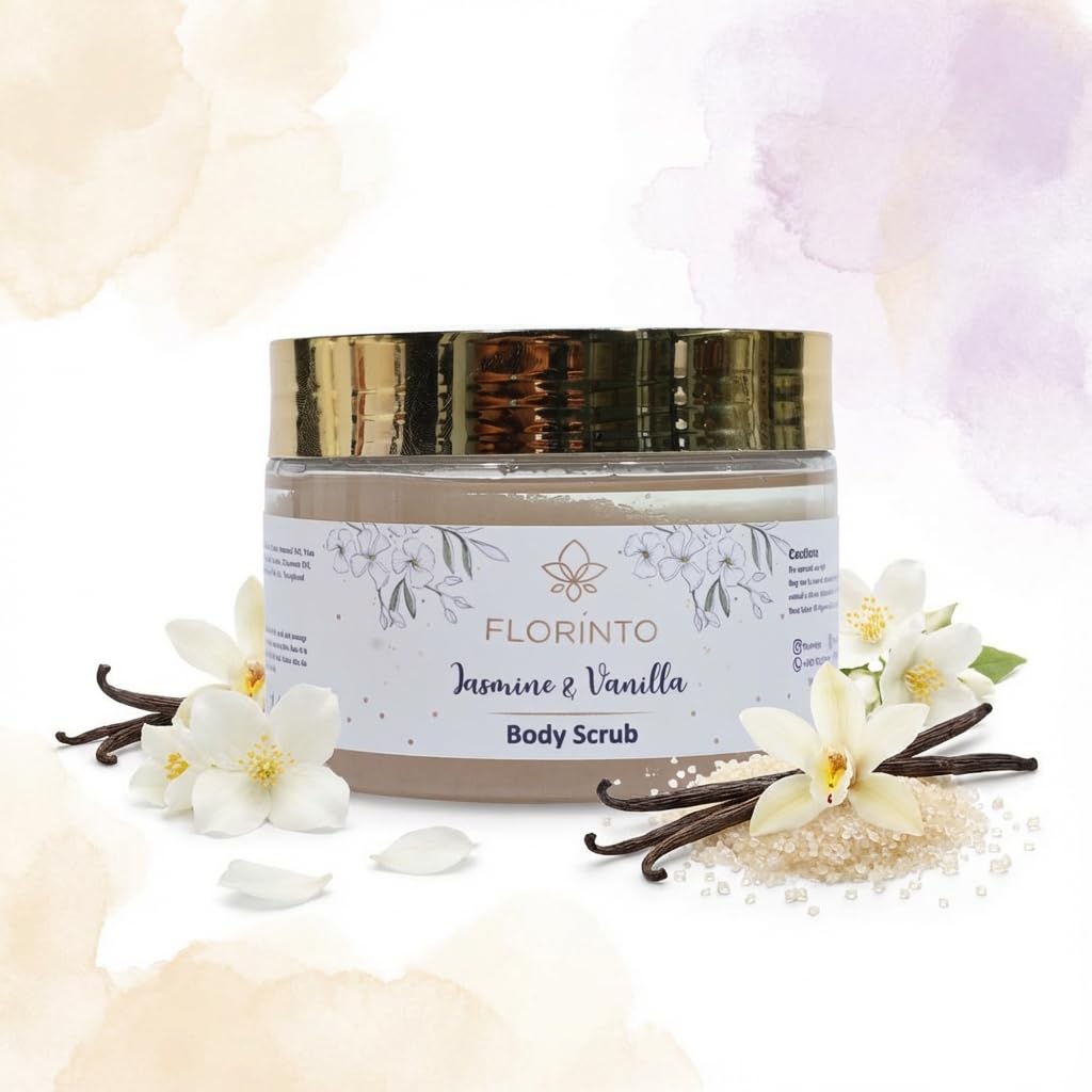 FLORÍNTO Body Scrub – Exfoliating & Moisturizing Sugar Scrub with Shea Butter, Natural Oils & Vitamin E – Soft, Smooth & Glowing Skin – 350 g (Jasmine & Vanilla)