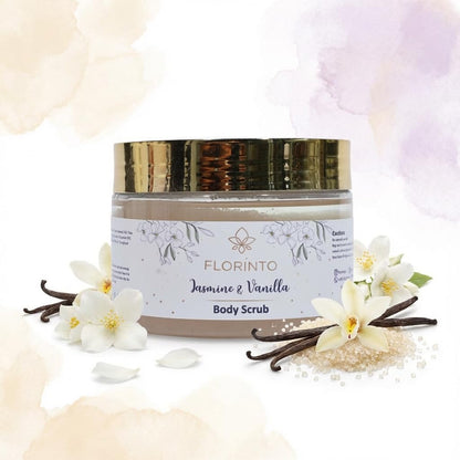 FLORÍNTO Body Scrub – Exfoliating & Moisturizing Sugar Scrub with Shea Butter, Natural Oils & Vitamin E – Soft, Smooth & Glowing Skin – 350 g (Jasmine & Vanilla)