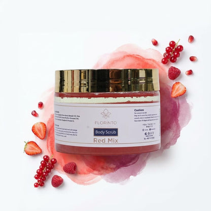 FLORÍNTO Body Scrub – Exfoliating & Moisturizing Sugar Scrub with Shea Butter, Natural Oils & Vitamin E – Soft, Smooth & Glowing Skin – 350 g (Red Mix)