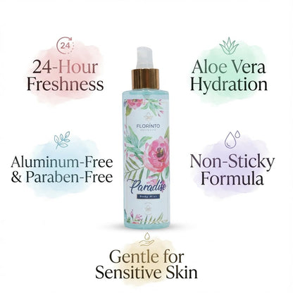 FLORÍNTO Body Mist – 24-Hour Freshness with Aloe Vera Gel – Hydrating, Aluminum-Free & Paraben-Free Spray for Sensitive Skin – Soothing, Non-Sticky & Gentle Formula – 200 ml (Sweet)