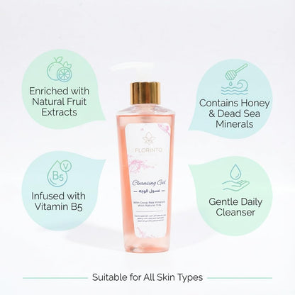 FLORÍNTO Cleansing Gel – Daily Facial Cleanser with Fruit Extracts, Vitamin B5, Honey & Dead Sea Minerals – Gently Removes Makeup & Impurities – Hydrating, Soothing & Purifying – 180 ml