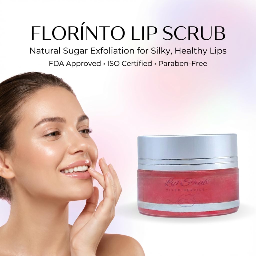 FLORÍNTO Lip Scrub – Exfoliating & Nourishing Sugar Lip Scrub with Shea Butter, Sweet Almond Oil, Coconut Oil & Vitamin E – Gently Removes Dry Skin for Soft, Smooth, Healthy Lips – 70 g