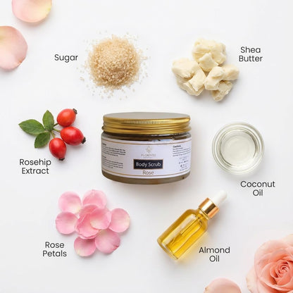 FLORÍNTO Body Scrub – Exfoliating & Moisturizing Sugar Scrub with Shea Butter, Natural Oils & Vitamin E – Soft, Smooth & Glowing Skin – 350 g (Rose)