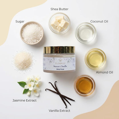 FLORÍNTO Body Scrub – Exfoliating & Moisturizing Sugar Scrub with Shea Butter, Natural Oils & Vitamin E – Soft, Smooth & Glowing Skin – 350 g (Jasmine & Vanilla)