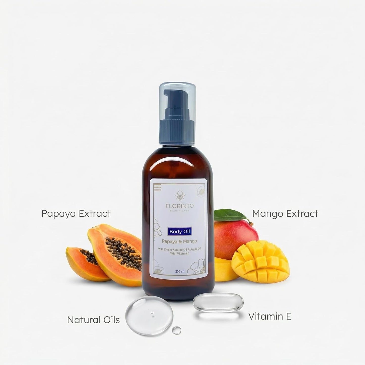 FLORÍNTO Body Oil – Hydrating & Nourishing Formula with Natural Oils & Vitamin E – Deep Moisture for Smooth & Glowing Skin – Fast Absorbing & Non-Greasy Formula – 200 ml (Papaya & Mango)