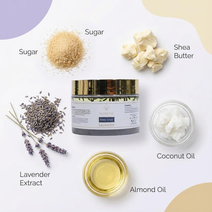 FLORÍNTO Body Scrub – Exfoliating & Moisturizing Sugar Scrub with Shea Butter, Natural Oils & Vitamin E – Soft, Smooth & Glowing Skin – 350 g (Lavender)