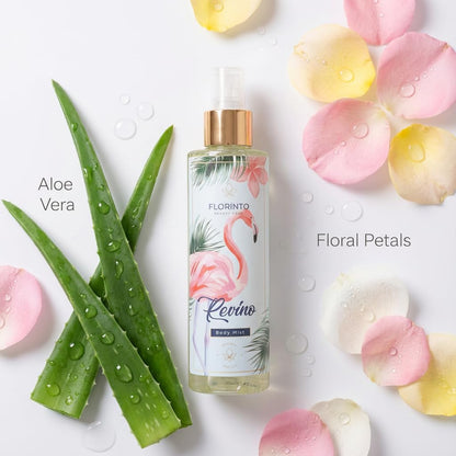 FLORÍNTO Body Mist – 24-Hour Freshness with Aloe Vera Gel – Hydrating, Aluminum-Free & Paraben-Free Spray for Sensitive Skin – Soothing, Non-Sticky & Gentle Formula – 200 ml (Riveno)