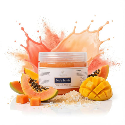 FLORÍNTO Body Scrub – Exfoliating & Moisturizing Sugar Scrub with Shea Butter, Natural Oils & Vitamin E – Soft, Smooth & Glowing Skin – 350 g (Papaya & Mango)