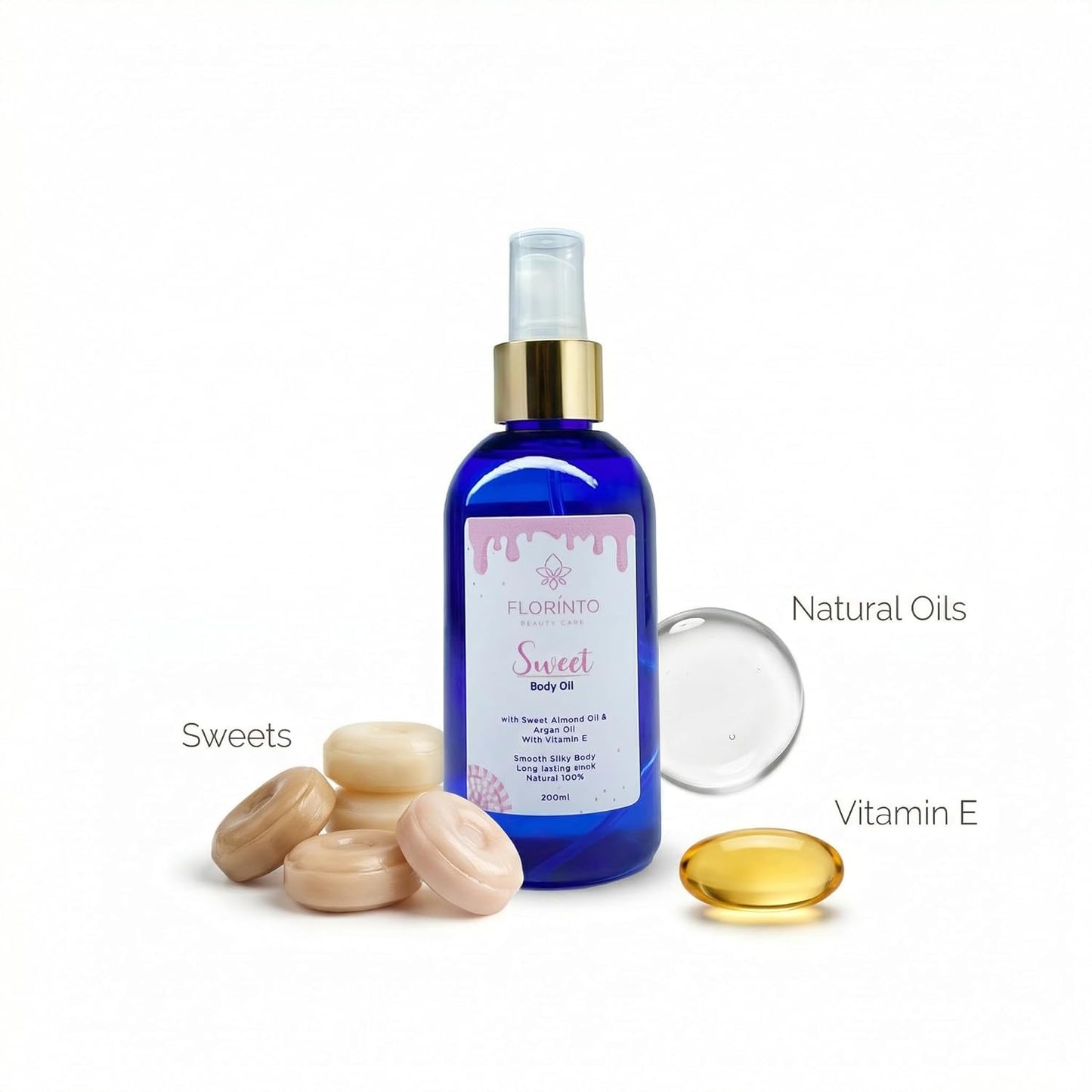 FLORÍNTO Body Oil – Hydrating & Nourishing Formula with Natural Oils & Vitamin E – Deep Moisture for Smooth & Glowing Skin – Fast Absorbing & Non-Greasy Formula – 200 ml (Sweet)