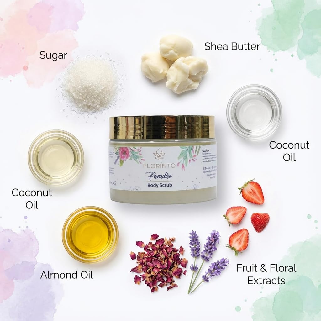 FLORÍNTO Body Scrub – Exfoliating & Moisturizing Sugar Scrub with Shea Butter, Natural Oils & Vitamin E – Soft, Smooth & Glowing Skin – 350 g (Paradise)