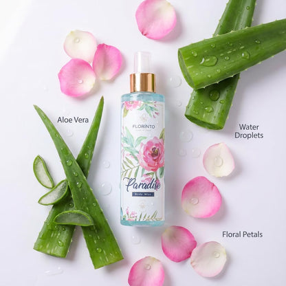 FLORÍNTO Body Mist – 24-Hour Freshness with Aloe Vera Gel – Hydrating, Aluminum-Free & Paraben-Free Spray for Sensitive Skin – Soothing, Non-Sticky & Gentle Formula – 200 ml (Paradise)