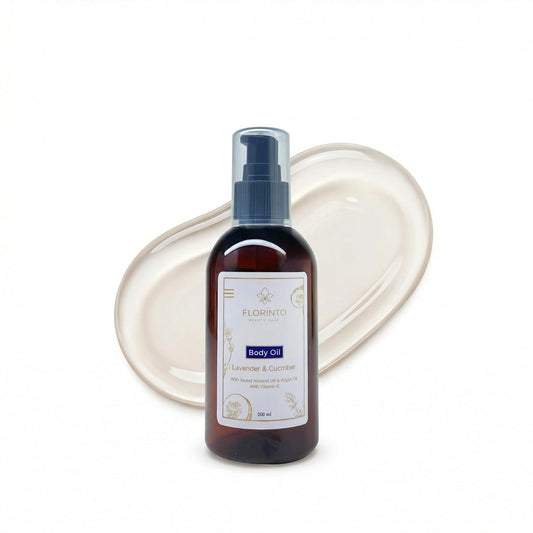 FLORÍNTO Body Oil – Hydrating & Nourishing Formula with Natural Oils & Vitamin E – Deep Moisture for Smooth & Glowing Skin – Fast Absorbing & Non-Greasy Formula – 200 ml (Lavender & Cucumber)