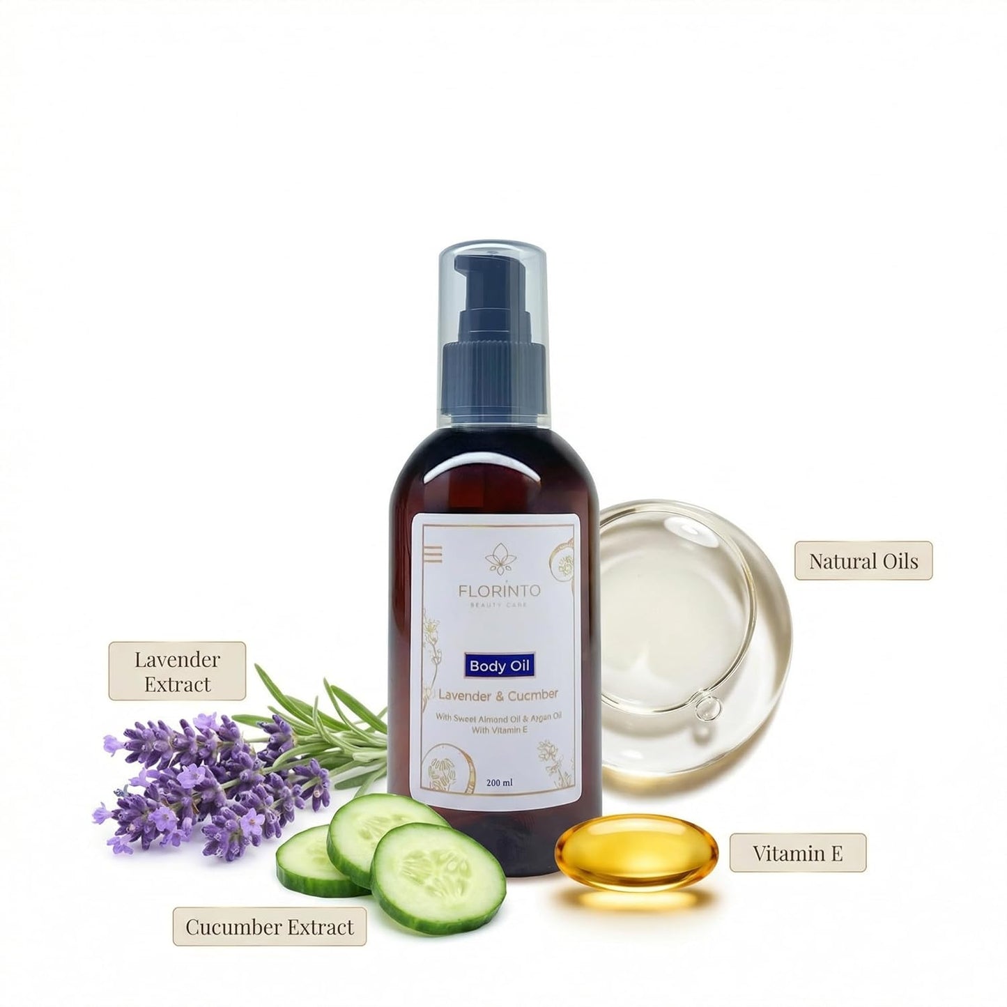 FLORÍNTO Body Oil – Hydrating & Nourishing Formula with Natural Oils & Vitamin E – Deep Moisture for Smooth & Glowing Skin – Fast Absorbing & Non-Greasy Formula – 200 ml (Lavender & Cucumber)