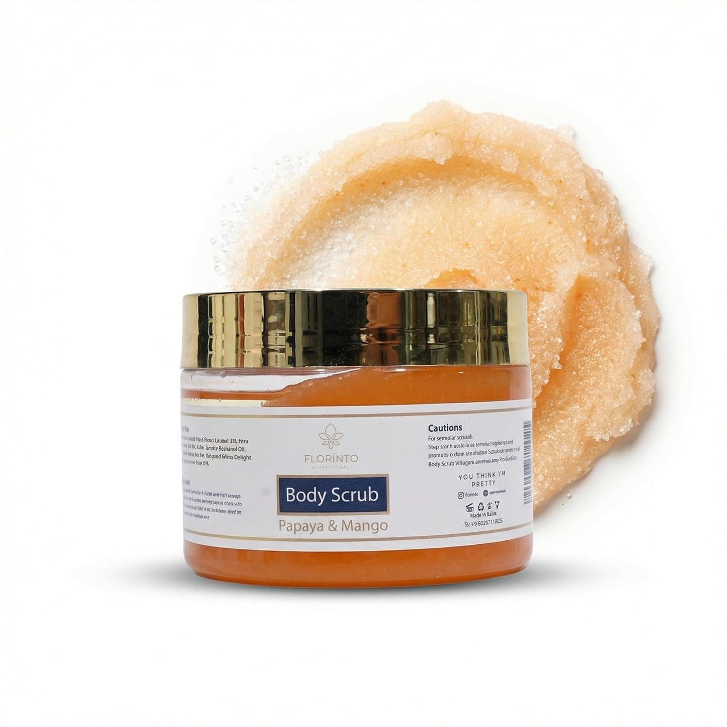 FLORÍNTO Body Scrub – Exfoliating & Moisturizing Sugar Scrub with Shea Butter, Natural Oils & Vitamin E – Soft, Smooth & Glowing Skin – 350 g (Papaya & Mango)