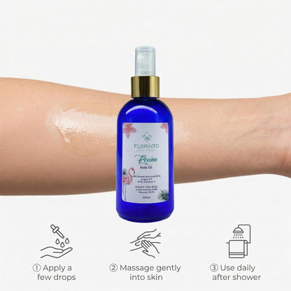 FLORÍNTO Body Oil – Hydrating & Nourishing Formula with Natural Oils & Vitamin E – Deep Moisture for Smooth & Glowing Skin – Fast Absorbing & Non-Greasy Formula – 200 ml (Riveno)