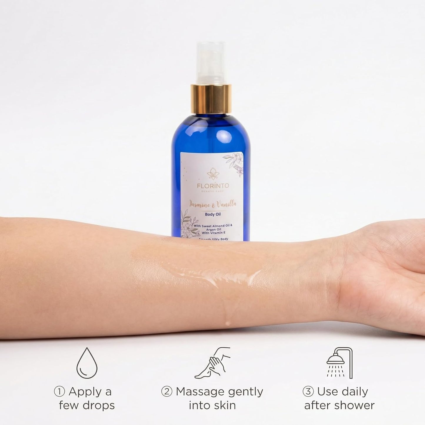 FLORÍNTO Body Oil – Hydrating & Nourishing Formula with Natural Oils & Vitamin E – Deep Moisture for Smooth & Glowing Skin – Fast Absorbing & Non-Greasy Formula – 200 ml (Jasmine & Vanilla)