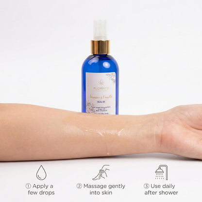 FLORÍNTO Body Oil – Hydrating & Nourishing Formula with Natural Oils & Vitamin E – Deep Moisture for Smooth & Glowing Skin – Fast Absorbing & Non-Greasy Formula – 200 ml (Jasmine & Vanilla)