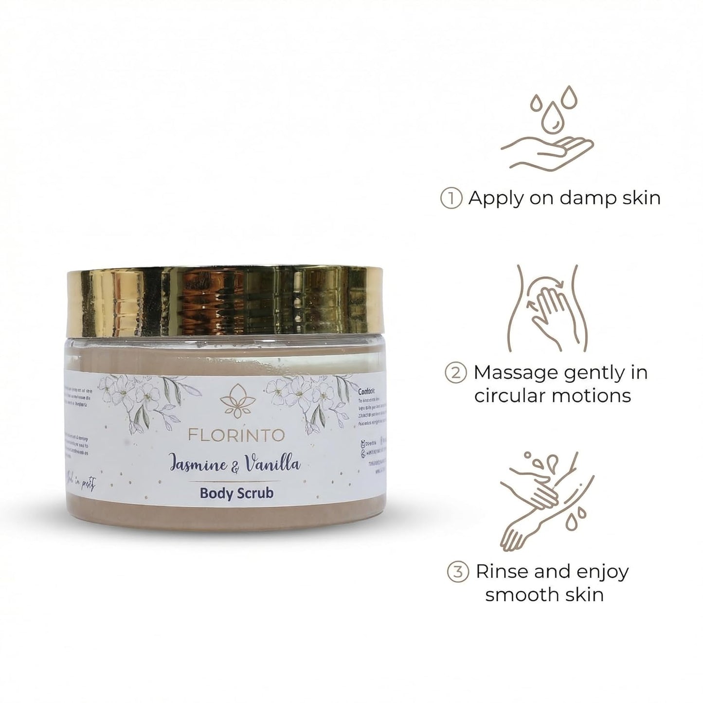 FLORÍNTO Body Scrub – Exfoliating & Moisturizing Sugar Scrub with Shea Butter, Natural Oils & Vitamin E – Soft, Smooth & Glowing Skin – 350 g (Jasmine & Vanilla)