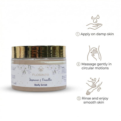 FLORÍNTO Body Scrub – Exfoliating & Moisturizing Sugar Scrub with Shea Butter, Natural Oils & Vitamin E – Soft, Smooth & Glowing Skin – 350 g (Jasmine & Vanilla)