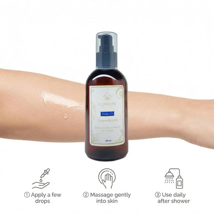 FLORÍNTO Body Oil – Hydrating & Nourishing Formula with Natural Oils & Vitamin E – Deep Moisture for Smooth & Glowing Skin – Fast Absorbing & Non-Greasy Formula – 200 ml (Coconut & Lime)