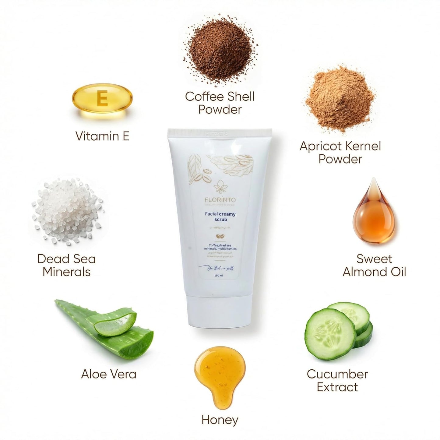 FLORÍNTO Coffee Facial Scrub – Gentle Exfoliating Face Scrub with Dead Sea Minerals, Apricot Kernel & Sweet Almond Oil – Removes Blackheads, Cleanses Pores & Revitalizes Skin – 120 g