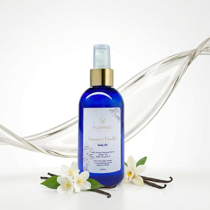 FLORÍNTO Body Oil – Hydrating & Nourishing Formula with Natural Oils & Vitamin E – Deep Moisture for Smooth & Glowing Skin – Fast Absorbing & Non-Greasy Formula – 200 ml (Jasmine & Vanilla)