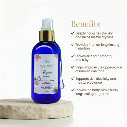 FLORÍNTO Body Oil – Hydrating & Nourishing Formula with Natural Oils & Vitamin E – Deep Moisture for Smooth & Glowing Skin – Fast Absorbing & Non-Greasy Formula – 200 ml (Riveno)