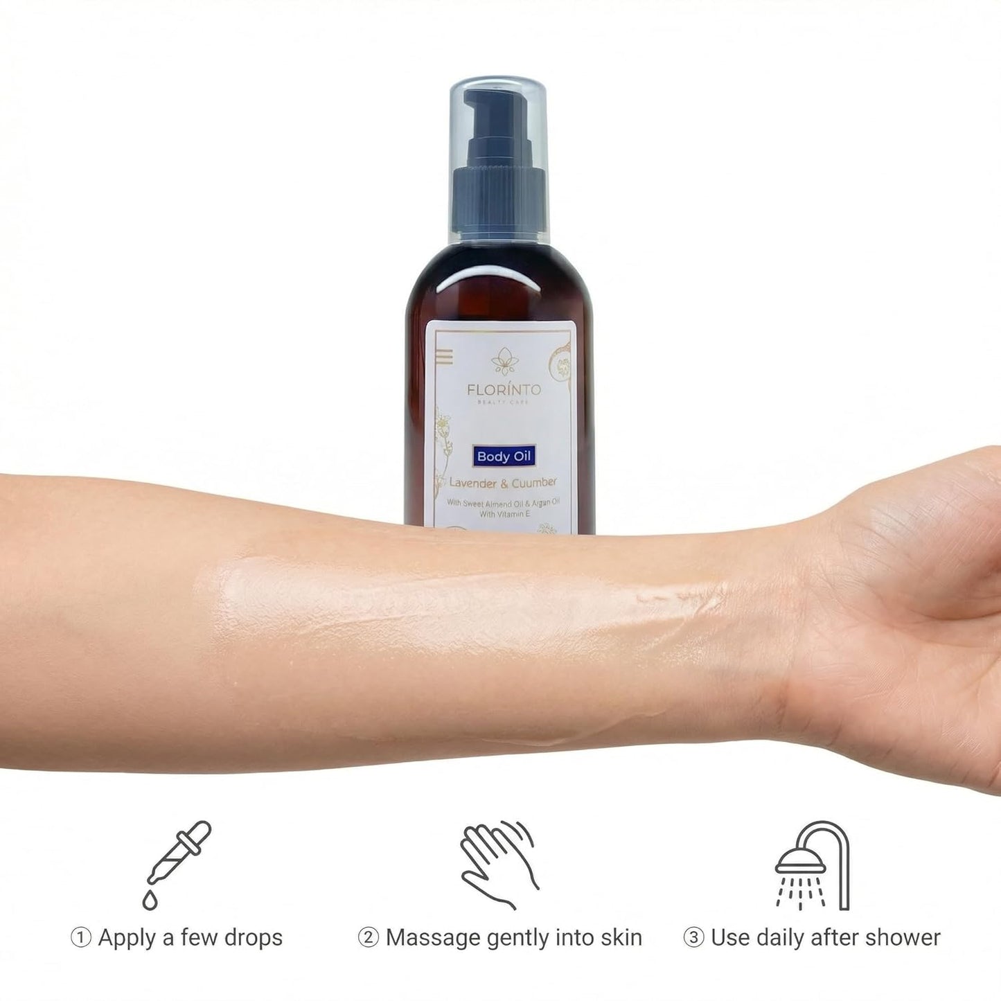 FLORÍNTO Body Oil – Hydrating & Nourishing Formula with Natural Oils & Vitamin E – Deep Moisture for Smooth & Glowing Skin – Fast Absorbing & Non-Greasy Formula – 200 ml (Lavender & Cucumber)