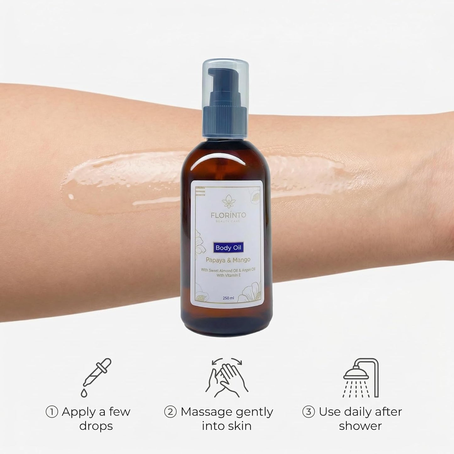 FLORÍNTO Body Oil – Hydrating & Nourishing Formula with Natural Oils & Vitamin E – Deep Moisture for Smooth & Glowing Skin – Fast Absorbing & Non-Greasy Formula – 200 ml (Papaya & Mango)