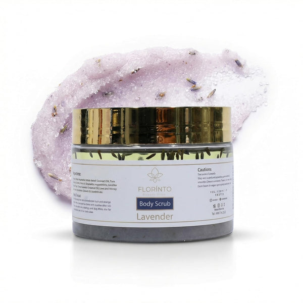FLORÍNTO Body Scrub – Exfoliating & Moisturizing Sugar Scrub with Shea Butter, Natural Oils & Vitamin E – Soft, Smooth & Glowing Skin – 350 g (Lavender)