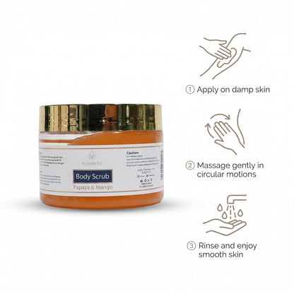 FLORÍNTO Body Scrub – Exfoliating & Moisturizing Sugar Scrub with Shea Butter, Natural Oils & Vitamin E – Soft, Smooth & Glowing Skin – 350 g (Papaya & Mango)