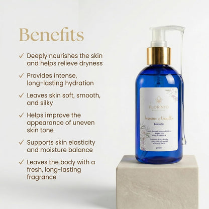 FLORÍNTO Body Oil – Hydrating & Nourishing Formula with Natural Oils & Vitamin E – Deep Moisture for Smooth & Glowing Skin – Fast Absorbing & Non-Greasy Formula – 200 ml (Jasmine & Vanilla)