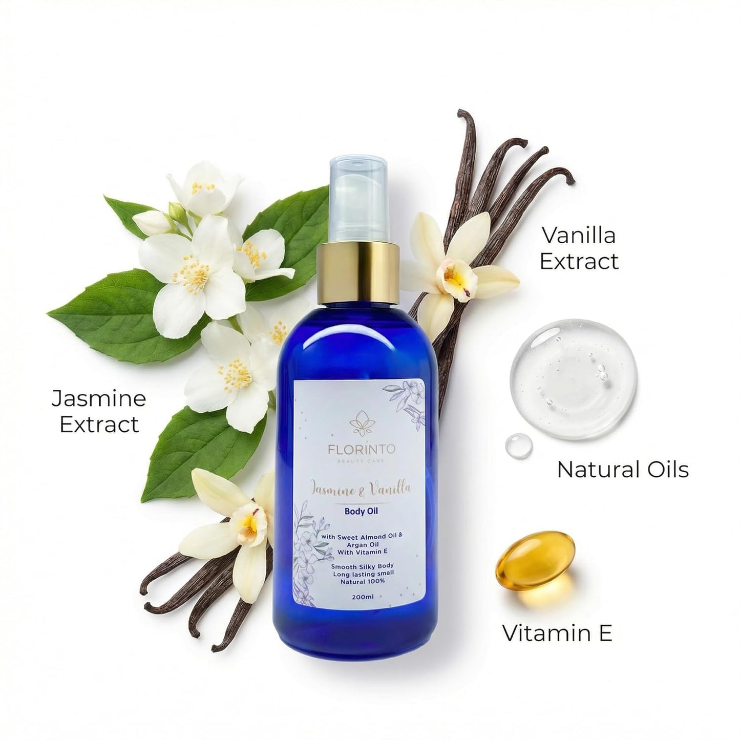 FLORÍNTO Body Oil – Hydrating & Nourishing Formula with Natural Oils & Vitamin E – Deep Moisture for Smooth & Glowing Skin – Fast Absorbing & Non-Greasy Formula – 200 ml (Jasmine & Vanilla)