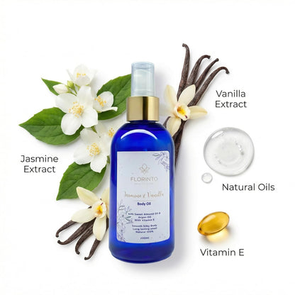 FLORÍNTO Body Oil – Hydrating & Nourishing Formula with Natural Oils & Vitamin E – Deep Moisture for Smooth & Glowing Skin – Fast Absorbing & Non-Greasy Formula – 200 ml (Jasmine & Vanilla)
