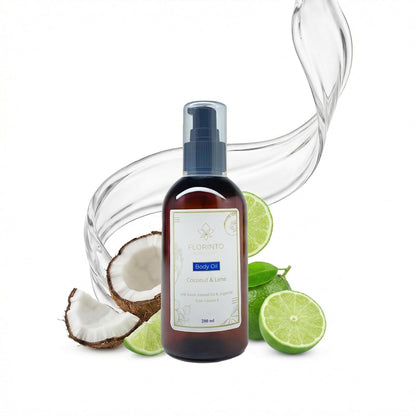 FLORÍNTO Body Oil – Hydrating & Nourishing Formula with Natural Oils & Vitamin E – Deep Moisture for Smooth & Glowing Skin – Fast Absorbing & Non-Greasy Formula – 200 ml (Coconut & Lime)