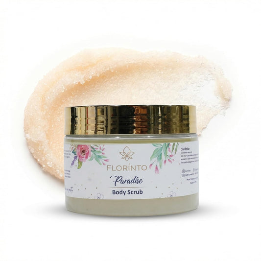 FLORÍNTO Body Scrub – Exfoliating & Moisturizing Sugar Scrub with Shea Butter, Natural Oils & Vitamin E – Soft, Smooth & Glowing Skin – 350 g (Paradise)