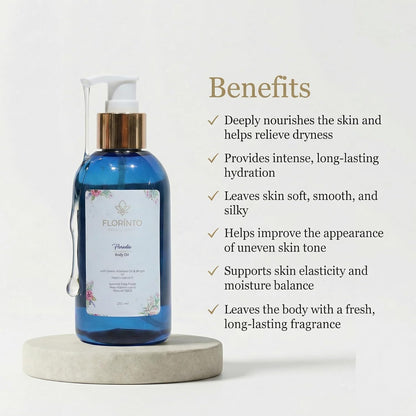 FLORÍNTO Body Oil – Hydrating & Nourishing Formula with Natural Oils & Vitamin E – Deep Moisture for Smooth & Glowing Skin – Fast Absorbing & Non-Greasy Formula – 200 ml (Paradise)