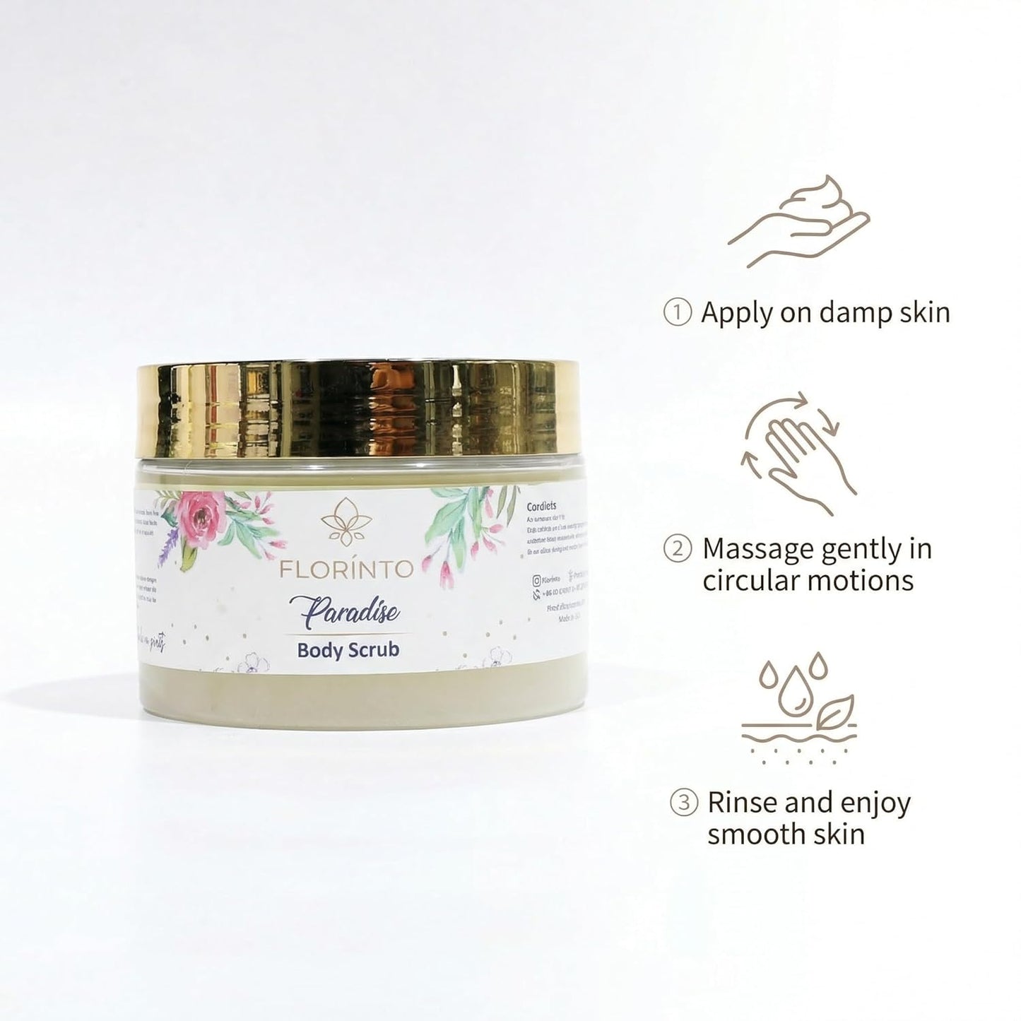 FLORÍNTO Body Scrub – Exfoliating & Moisturizing Sugar Scrub with Shea Butter, Natural Oils & Vitamin E – Soft, Smooth & Glowing Skin – 350 g (Paradise)