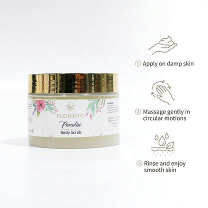 FLORÍNTO Body Scrub – Exfoliating & Moisturizing Sugar Scrub with Shea Butter, Natural Oils & Vitamin E – Soft, Smooth & Glowing Skin – 350 g (Paradise)