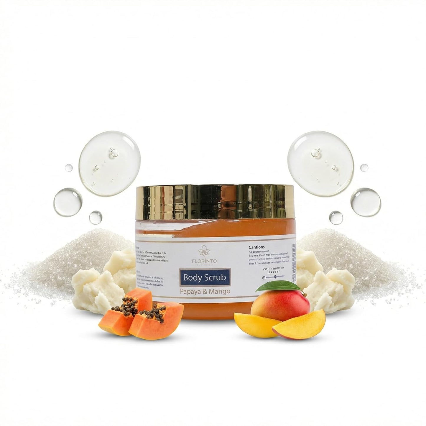 FLORÍNTO Body Scrub – Exfoliating & Moisturizing Sugar Scrub with Shea Butter, Natural Oils & Vitamin E – Soft, Smooth & Glowing Skin – 350 g (Papaya & Mango)