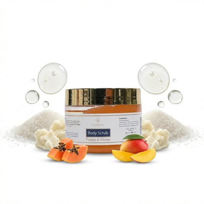 FLORÍNTO Body Scrub – Exfoliating & Moisturizing Sugar Scrub with Shea Butter, Natural Oils & Vitamin E – Soft, Smooth & Glowing Skin – 350 g (Papaya & Mango)