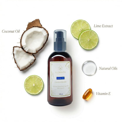 FLORÍNTO Body Oil – Hydrating & Nourishing Formula with Natural Oils & Vitamin E – Deep Moisture for Smooth & Glowing Skin – Fast Absorbing & Non-Greasy Formula – 200 ml (Coconut & Lime)