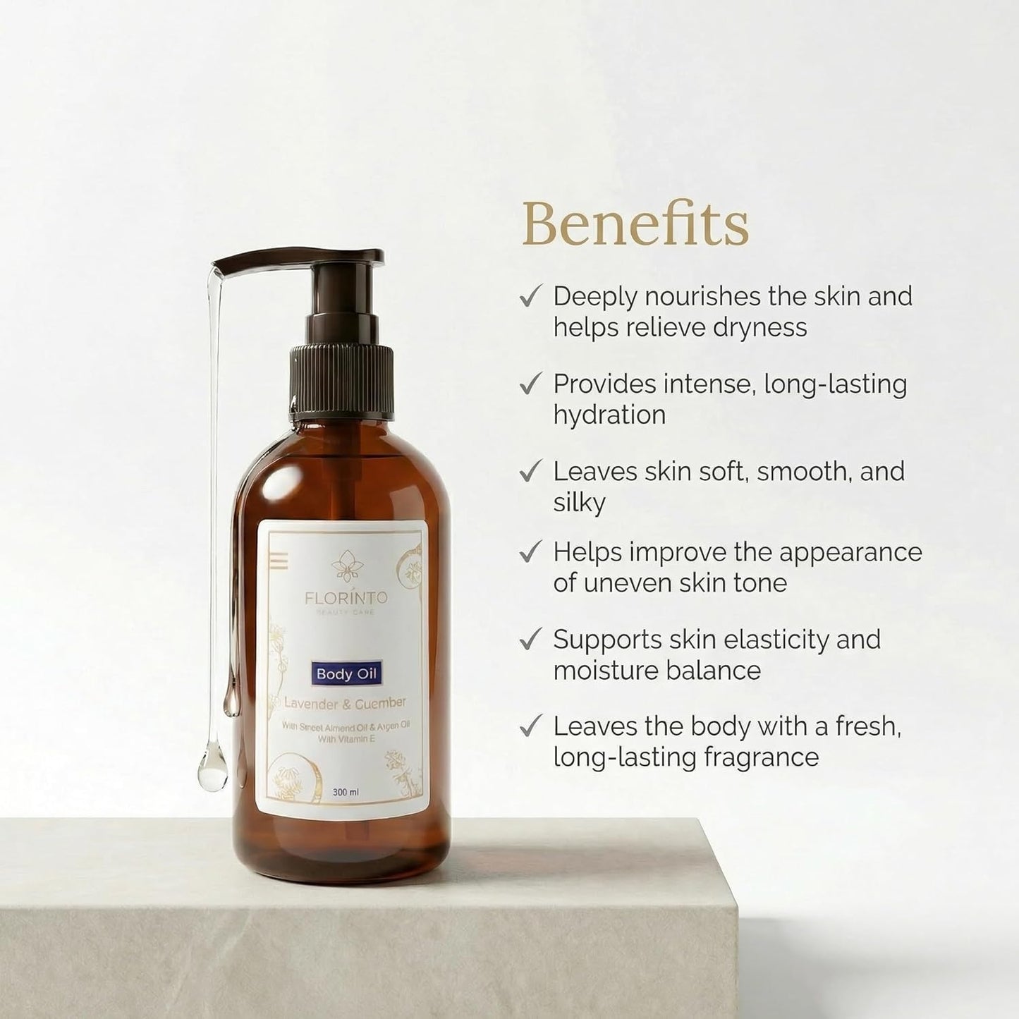 FLORÍNTO Body Oil – Hydrating & Nourishing Formula with Natural Oils & Vitamin E – Deep Moisture for Smooth & Glowing Skin – Fast Absorbing & Non-Greasy Formula – 200 ml (Lavender & Cucumber)