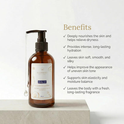 FLORÍNTO Body Oil – Hydrating & Nourishing Formula with Natural Oils & Vitamin E – Deep Moisture for Smooth & Glowing Skin – Fast Absorbing & Non-Greasy Formula – 200 ml (Lavender & Cucumber)