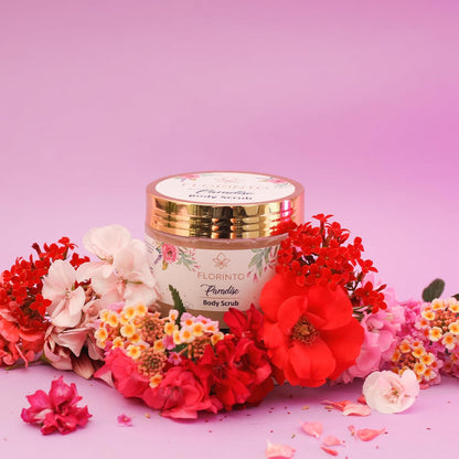 FLORÍNTO Body Scrub – Exfoliating & Moisturizing Sugar Scrub with Shea Butter, Natural Oils & Vitamin E – Soft, Smooth & Glowing Skin – 350 g (Paradise)